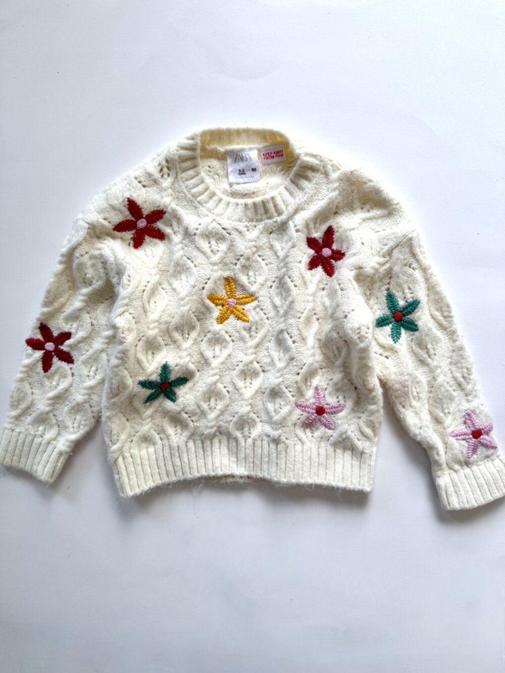 Zara Girls Cream Floral Cable Knit Sweater 2-3Y
